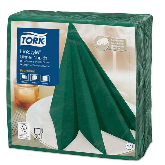 Middagsservietter, Tork, Linstyle, 1/4-fold Mountain Pine Green, 1 lag, grøn, 390mmx390mm, 55g/m2, pakke a 50 stk, FSC Mix Credit