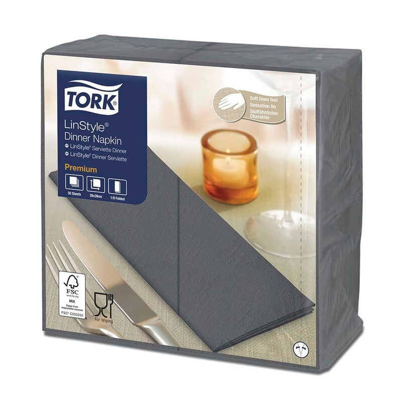 Middagsservietter, Tork, Linstyle, 1/8-Fold, 1 lag, antracit, 390mmx390mm, pakke a 50 stk, FSC Mix Credit