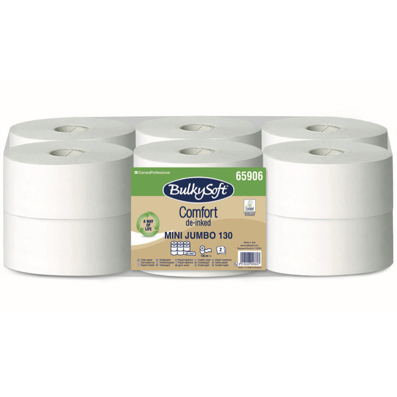 Toiletpapir Jumbo, BulkySoft, Comfort, Mini, 2 lag, hvid x 130.00m, kasse a 12 ruller