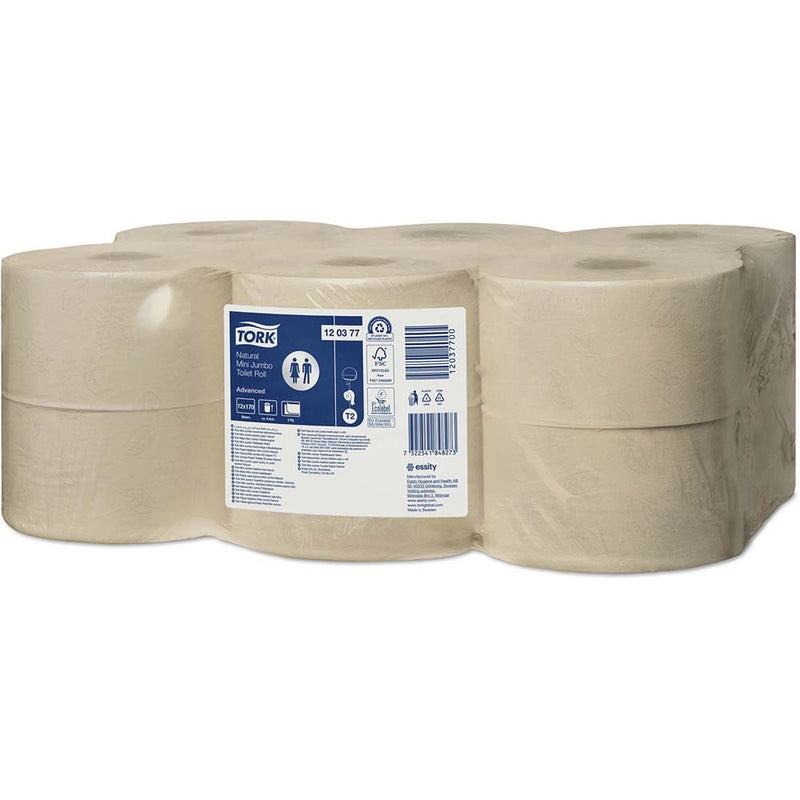 Toiletpapir Jumbo, Tork, Natur, Jumbo mini T2, 2 lag, natur x 170.00m, kasse a 12 ruller, FSC Recycled Credit