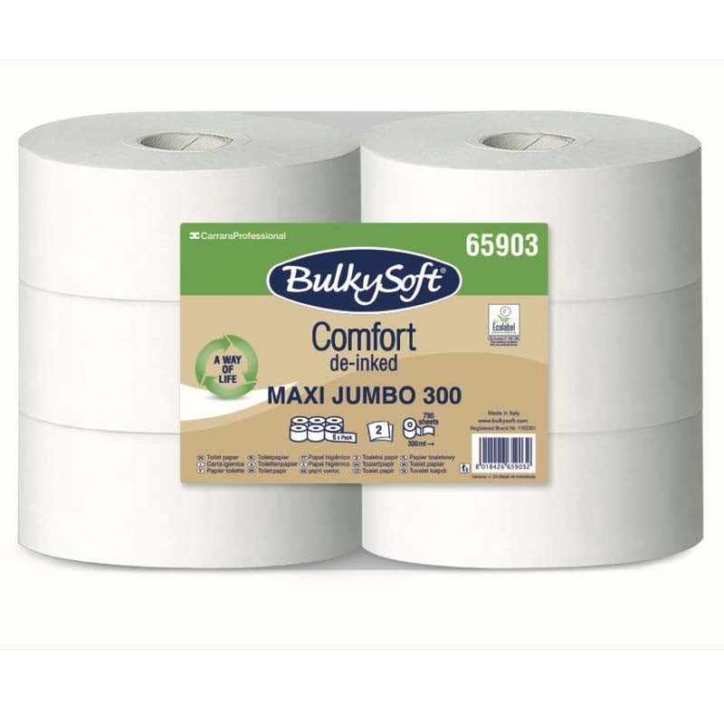 Toiletpapir Jumbo, BulkySoft, Comfort, Gigant M, 2 lag, hvid x 300.00m, kasse a 6 ruller