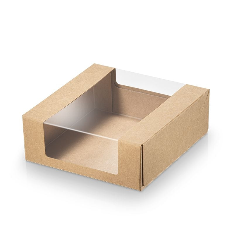 Kageæske, 110x110x40mm, Cardboard/PLA, brun, m/vindue, pakke a 500 stk