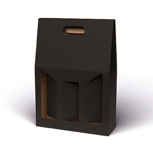Gaveæske til vin, udvendig dim: 270 x 90, x 380 mm, indre dim: 270 x 90 x 380 mm, 1-lags,B-flute, særligt design, sort, 3 fl., pakke a 20 stk