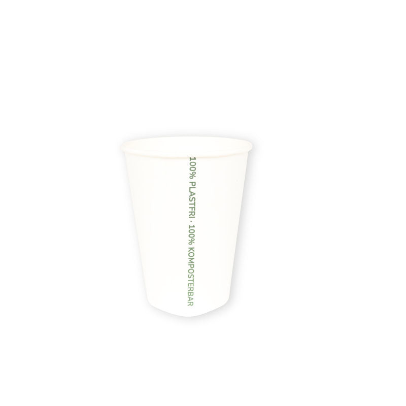 Kaffebæger, 340 ml, 112 x 90 x 112 mm, biologisk nedbrydeligt papir, hvid, Plastikfri 12oz/340ml, karton a 1000 stk, palle 30 kartoner, Single wall, Fødevaregodkendt