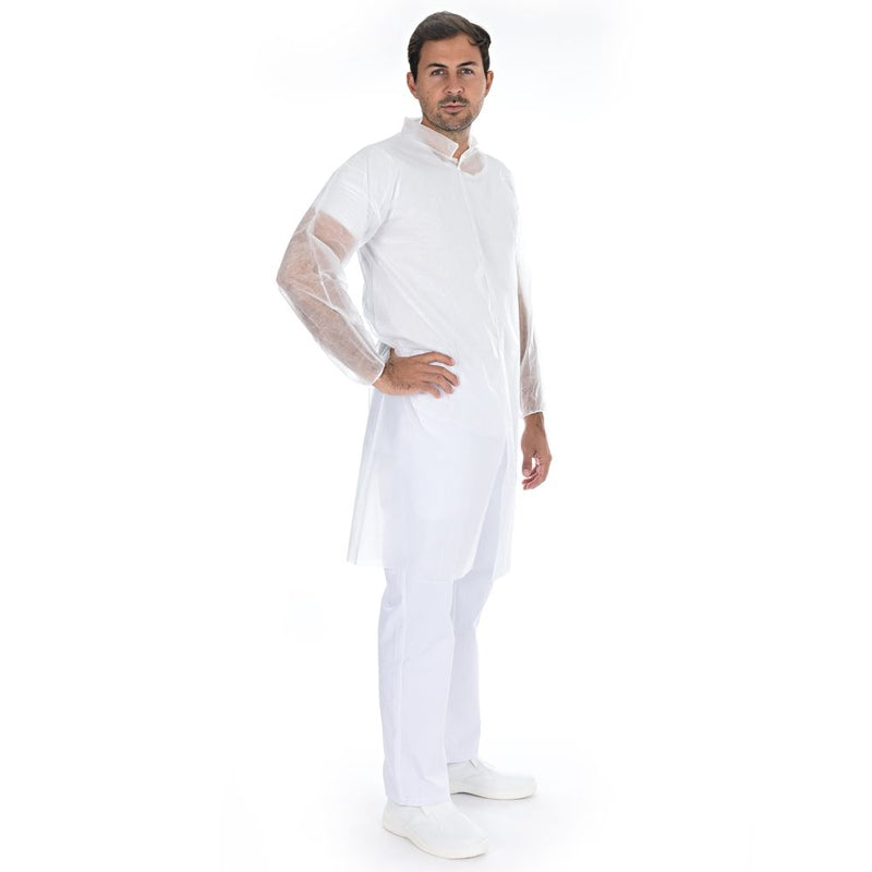 Besøgsjakker, besøgsjakke med knapper L, non-woven, hvid, pakke á 100 stk.