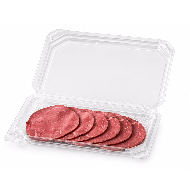 Plastbakke, Plus Pack, t/pålæg, 440 ml, 200x126x21mm, RPET, transparent, m/hængslet låg, karton a 240 stk