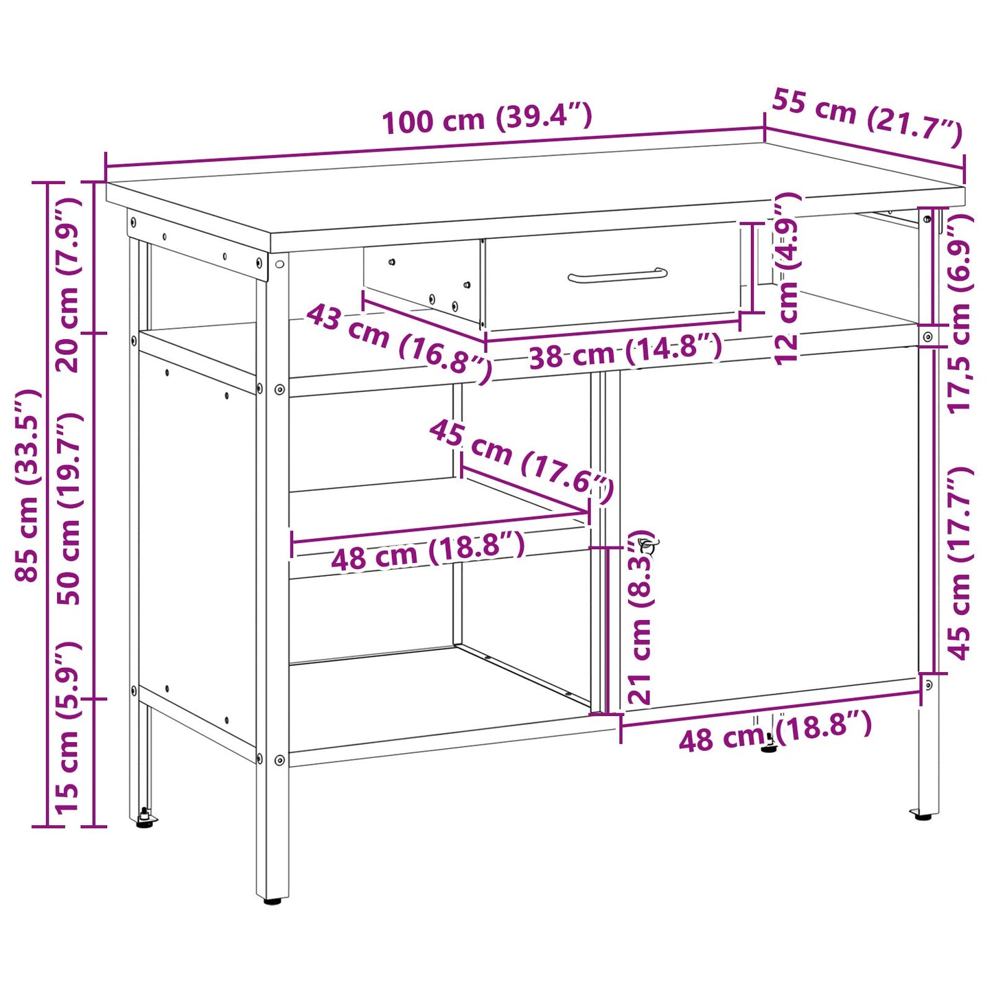 Arbejdsbænk med låsbar dør Sort 100x55x85 cm Stål