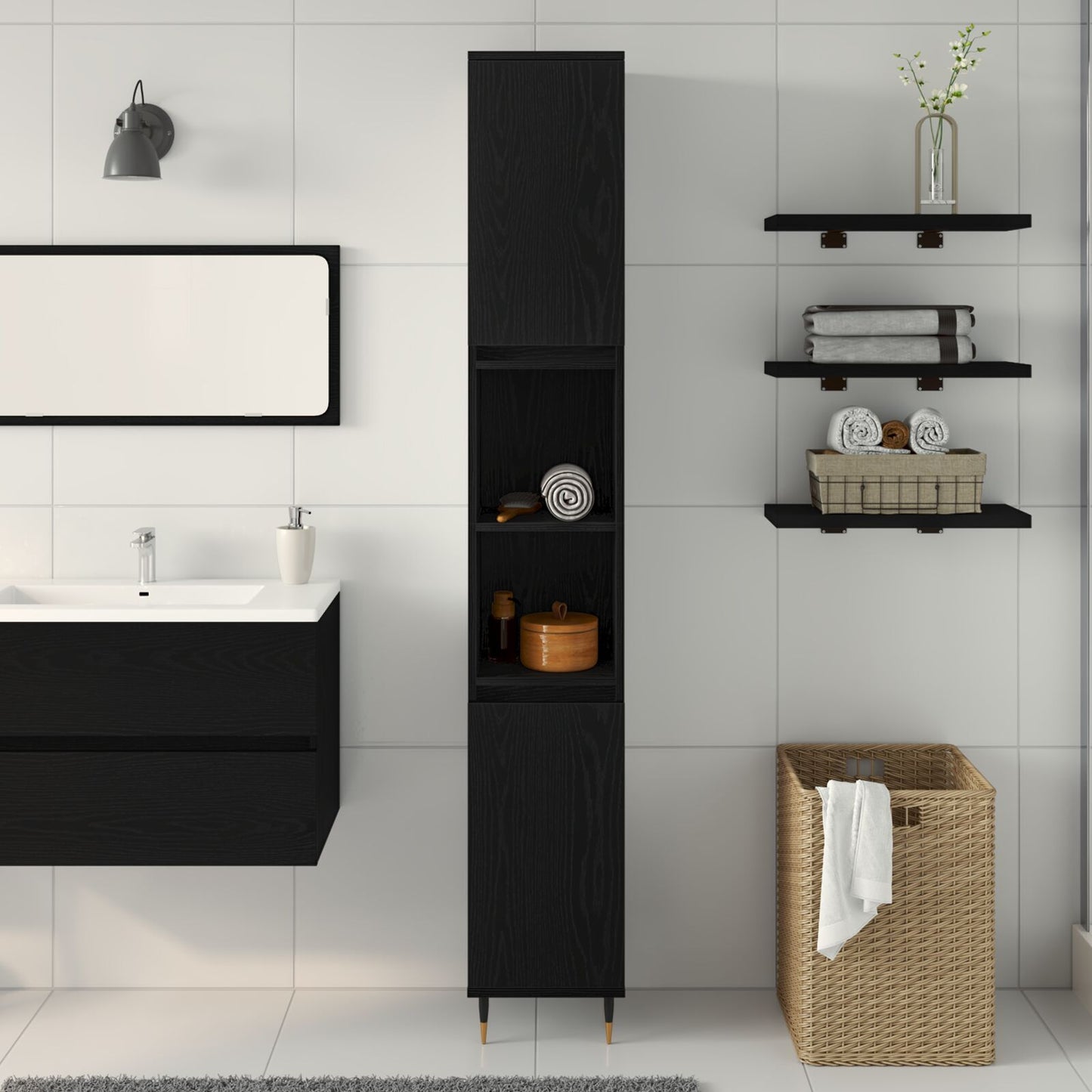 Badeværelsesskab Sort Eg 30x30x190 cm Ingeniørtræ