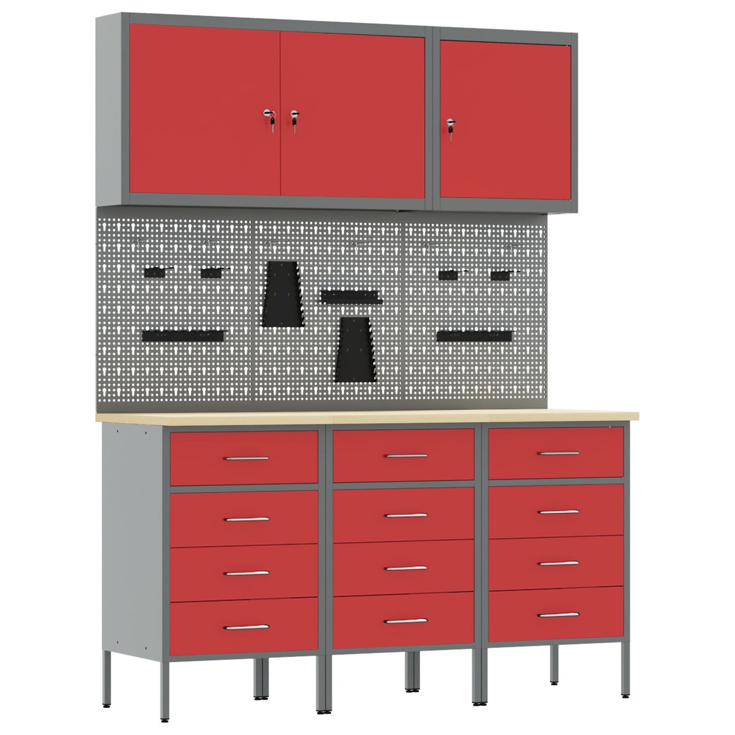 8-dele arbejdsbord og pegboard sæt i rød MDF og metal