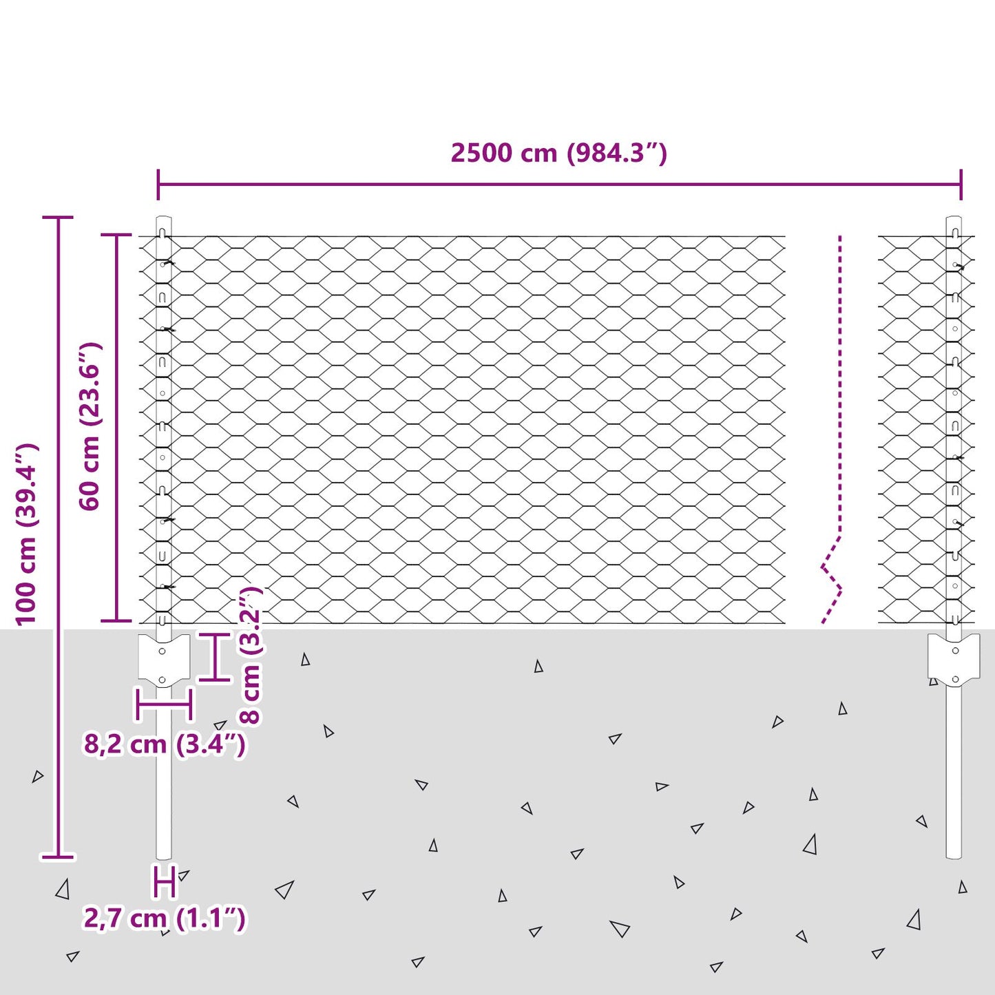 Hegn stolper 11 stk U-kanal Grå 60 cm Stål, vidaXL Sekskantet hegn Grå 0,6x25 m Stål