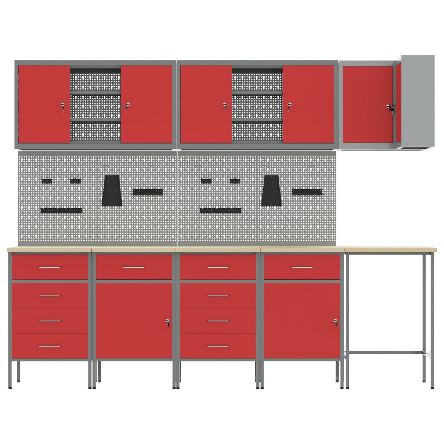 12-delt arbejdsbænk- og pegboard sæt i rød MDF og metal