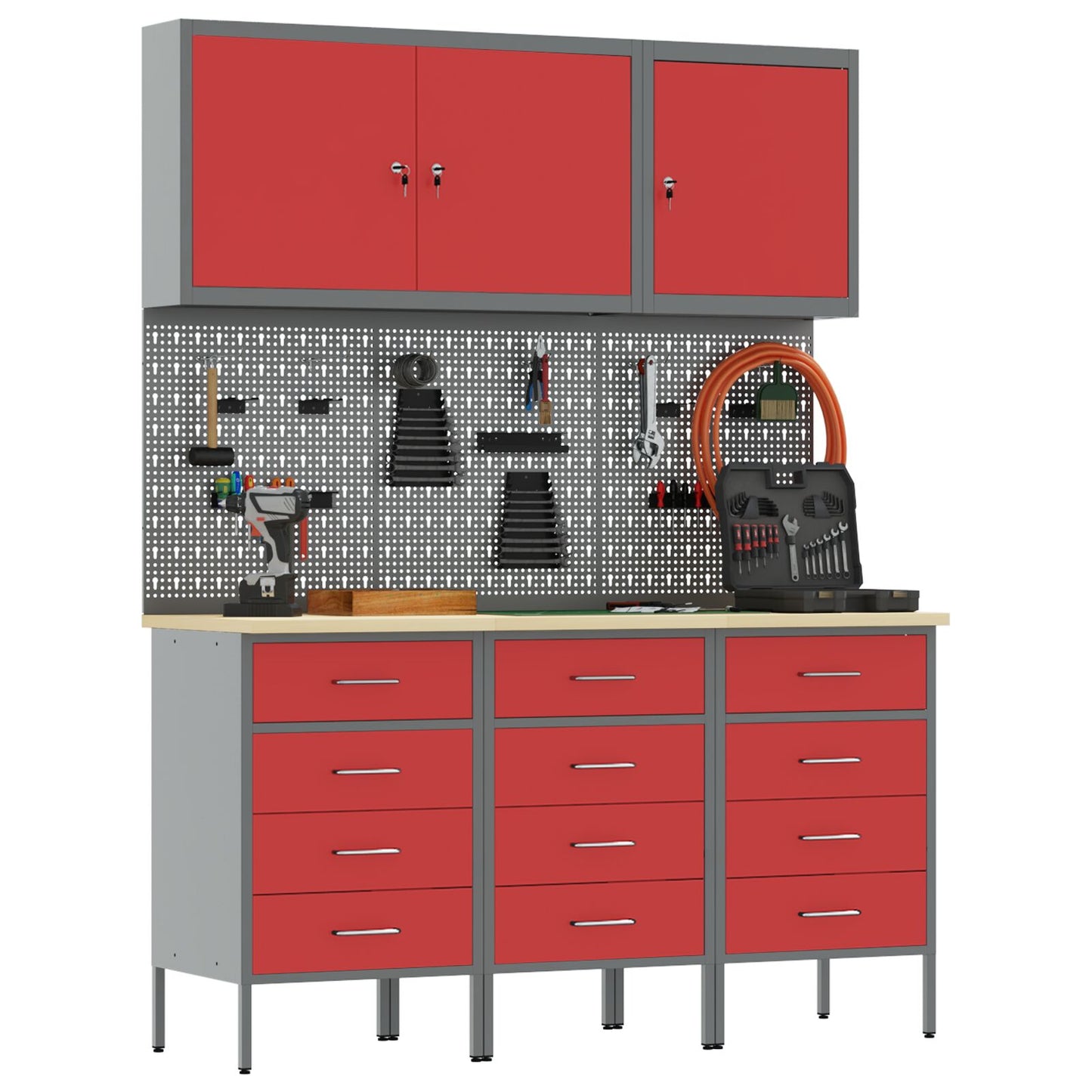 8-dele arbejdsbord og pegboard sæt i rød MDF og metal
