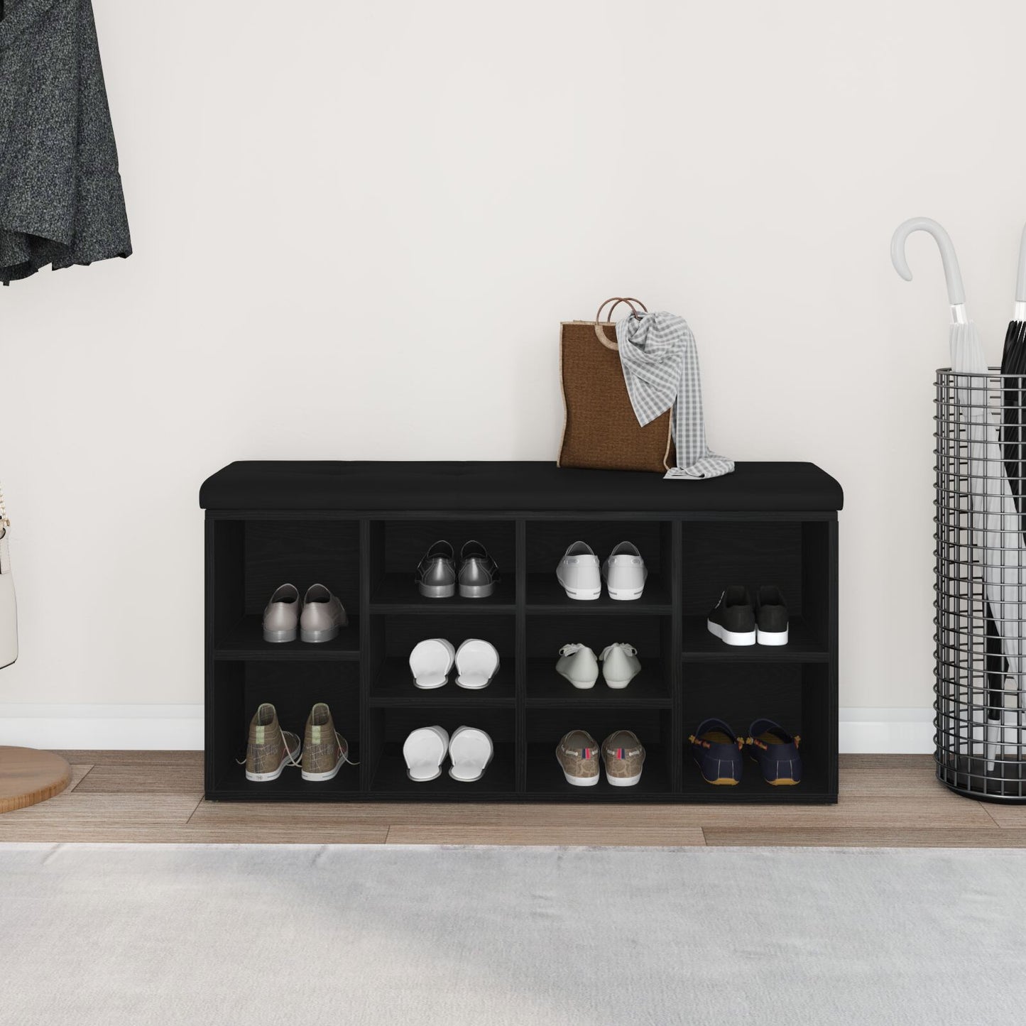 Opbevaringsbænk Sort Eg 100x30x48 cm Konstrueret Træ