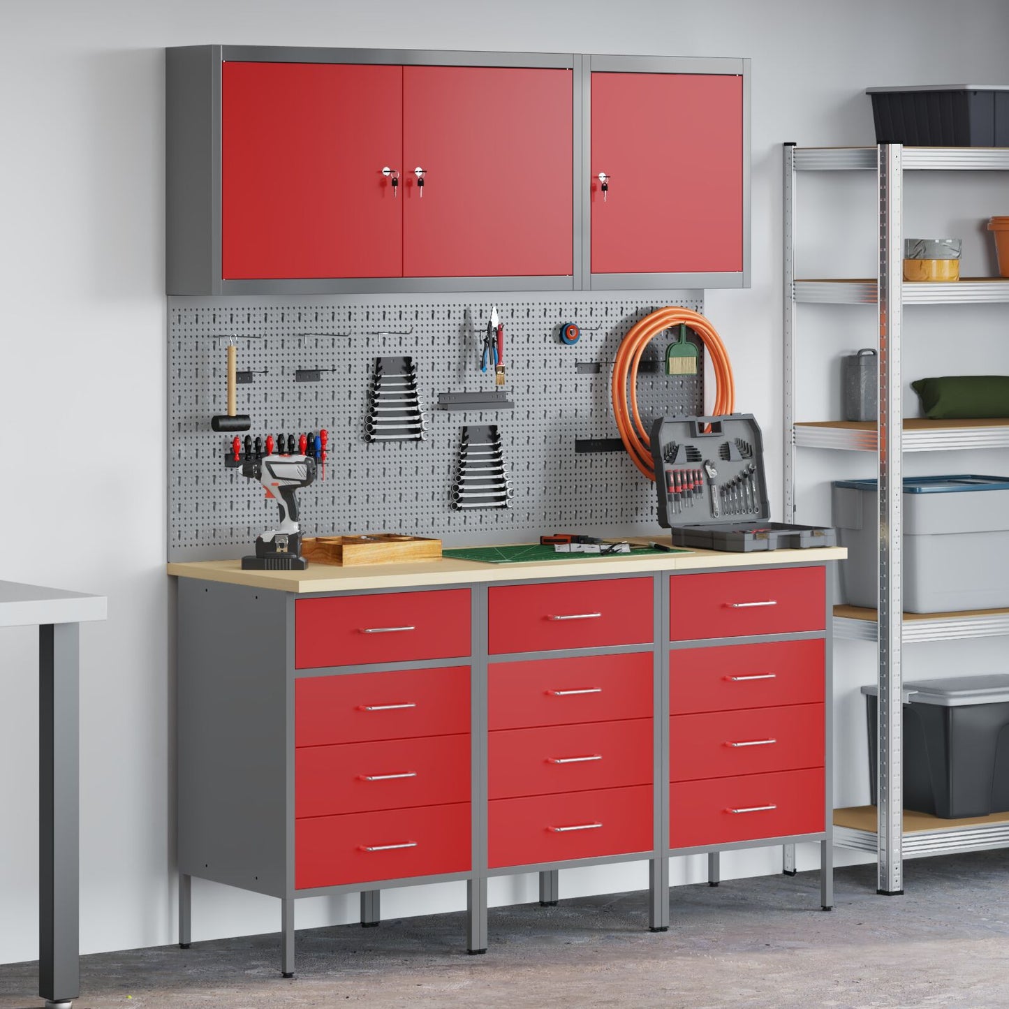 8-dele arbejdsbord og pegboard sæt i rød MDF og metal
