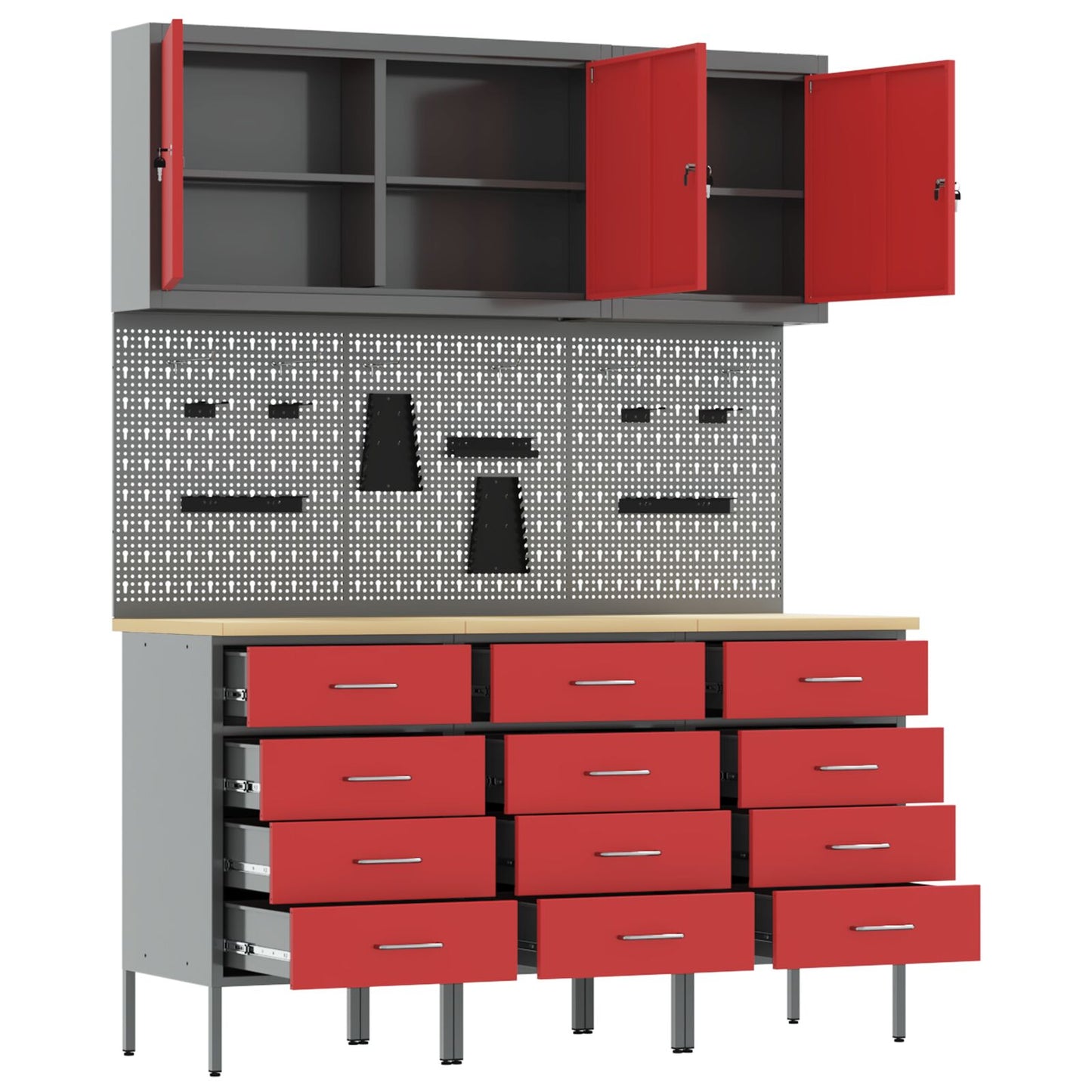 8-dele arbejdsbord og pegboard sæt i rød MDF og metal