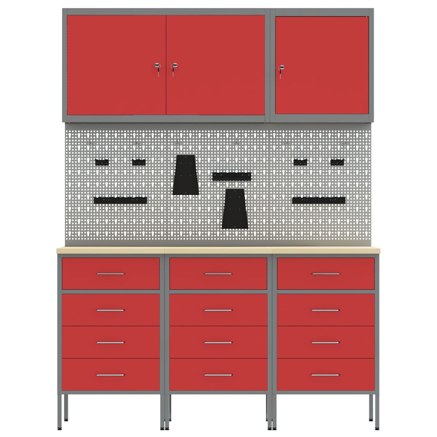 8-dele arbejdsbord og pegboard sæt i rød MDF og metal