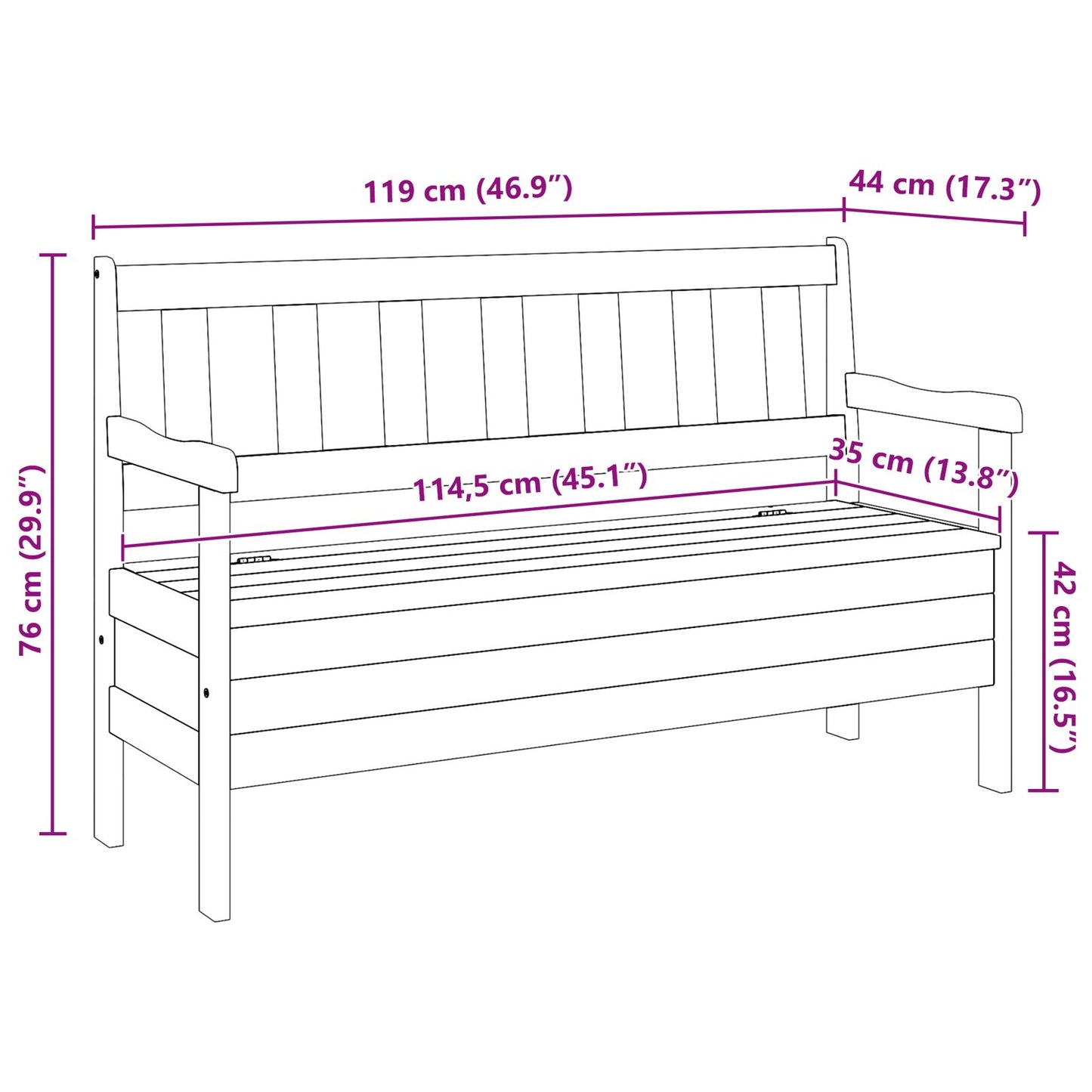 Udendørs Bænk 119x76x44 cm Massivt Fyrretræ