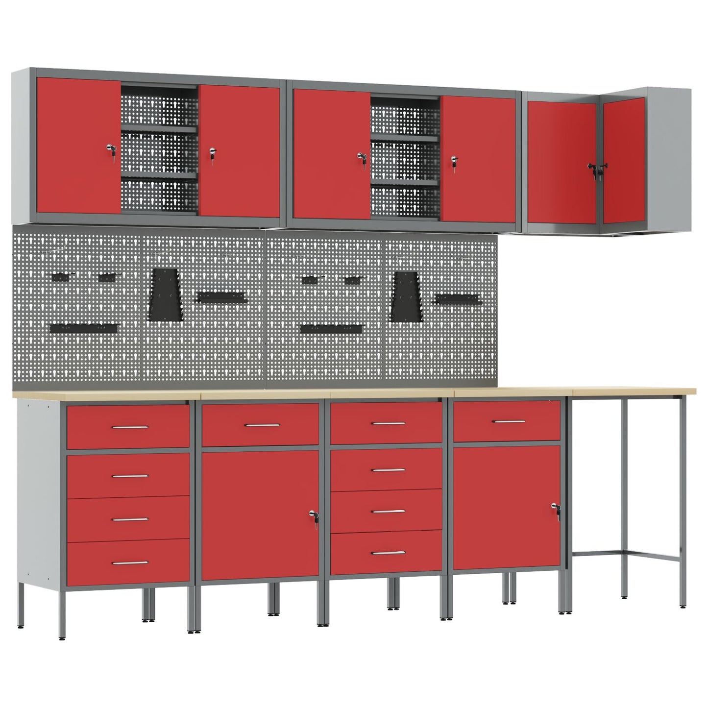 12-delt arbejdsbænk- og pegboard sæt i rød MDF og metal
