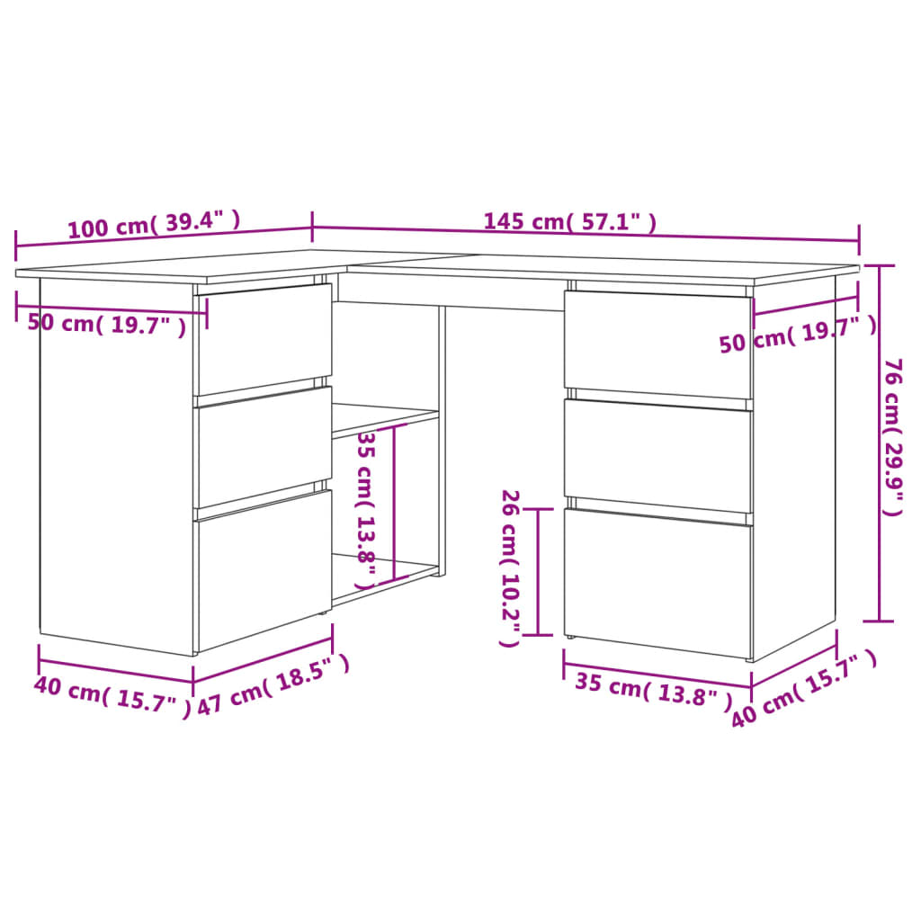 skrivebord til hjørne145x100x76cm konstrueret træ hvid højglans