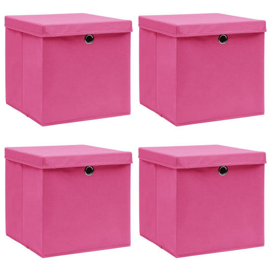 opbevaringskasser med låg 4 stk. 32x32x32 stof pink