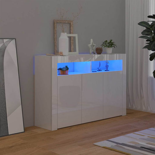 skænk med LED-lys 115,5x30x75 cm hvid højglans