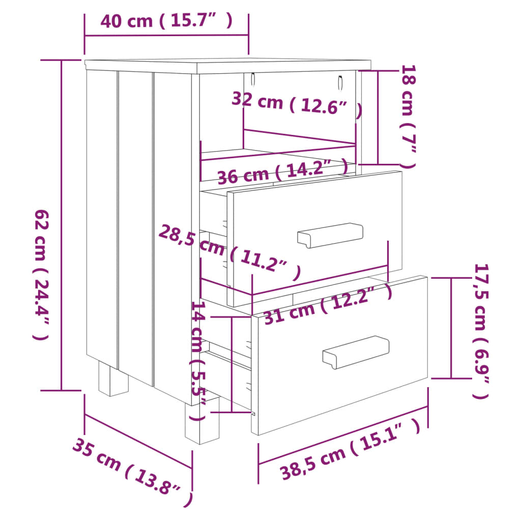 sengeskab HAMAR 2 stk. 40x35x44,5 cm fyrretræ honningfarvet