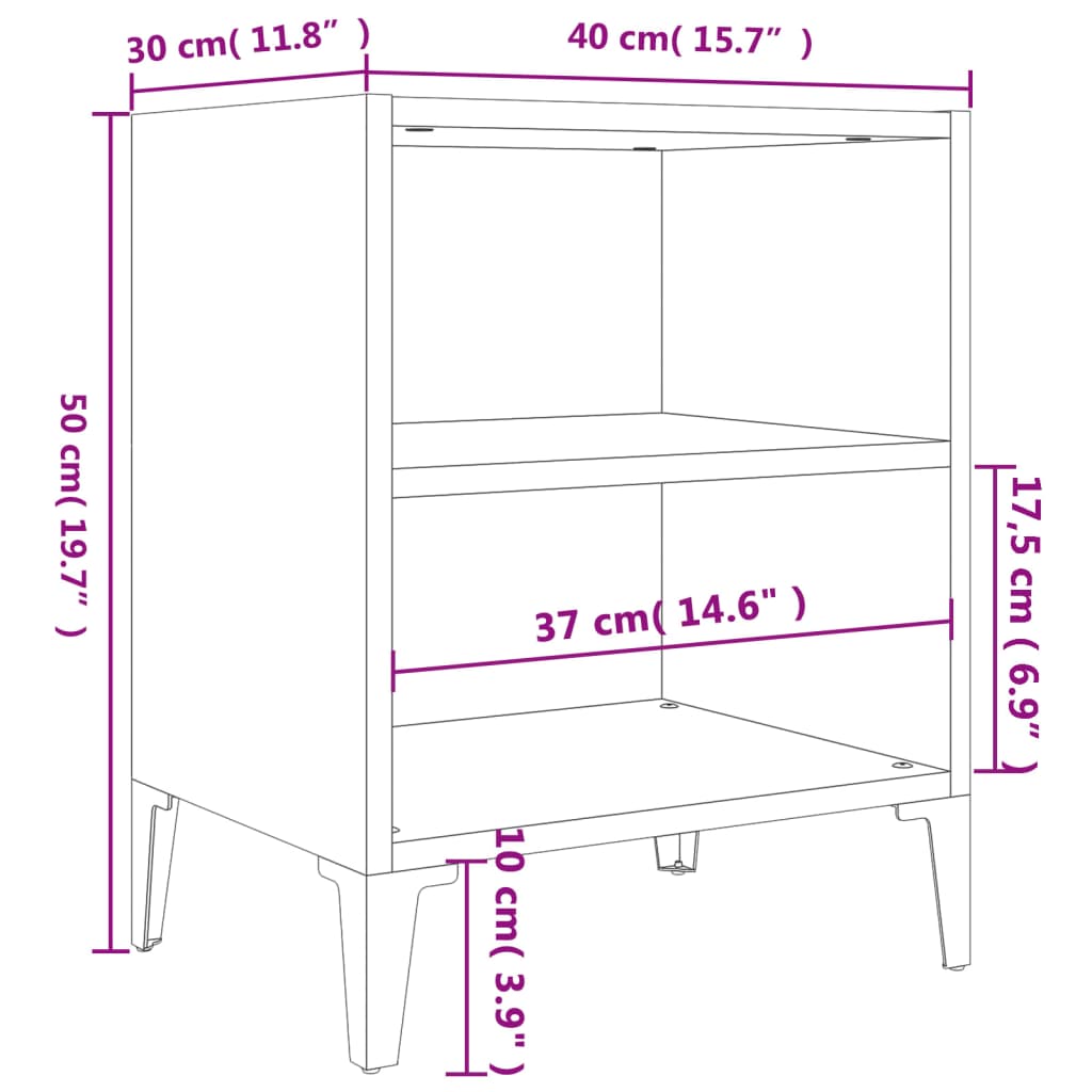 sengebord med metalben 40x30x50 cm røget egetræsfarve