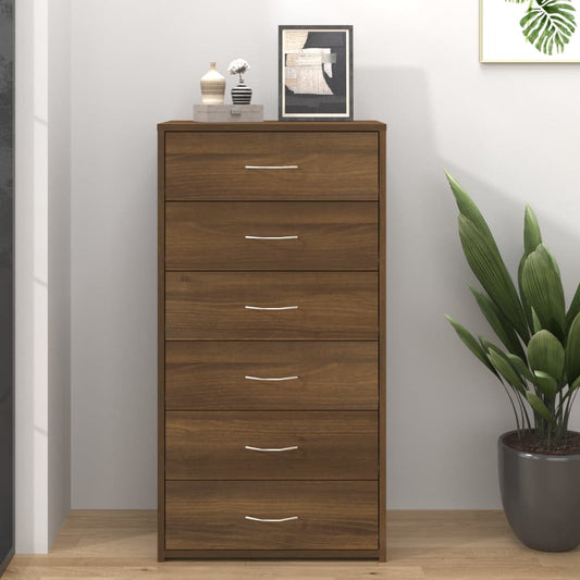skænk med 6 skuffer 50x34x96 cm konstrueret træ brun egetræ
