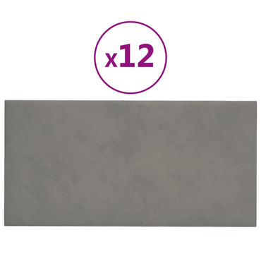 vægpaneler 12 stk. 60x30 cm 2,16 m² fløjl lysegrå