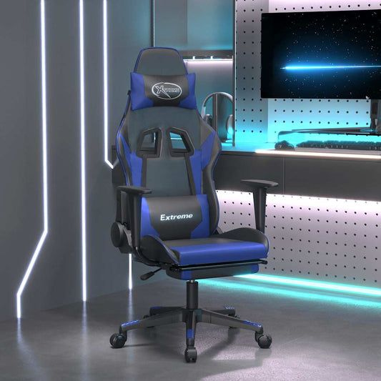 gamingstol m. massagefunktion og fodstøtte kunstlæder sort blå
