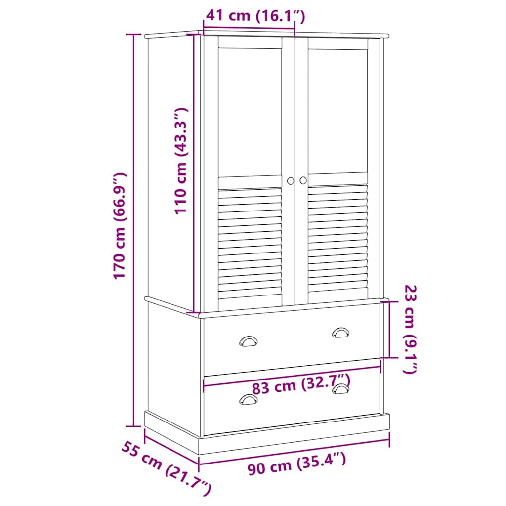 klædeskab VIGO 90x55x170 cm massivt fyrretræ