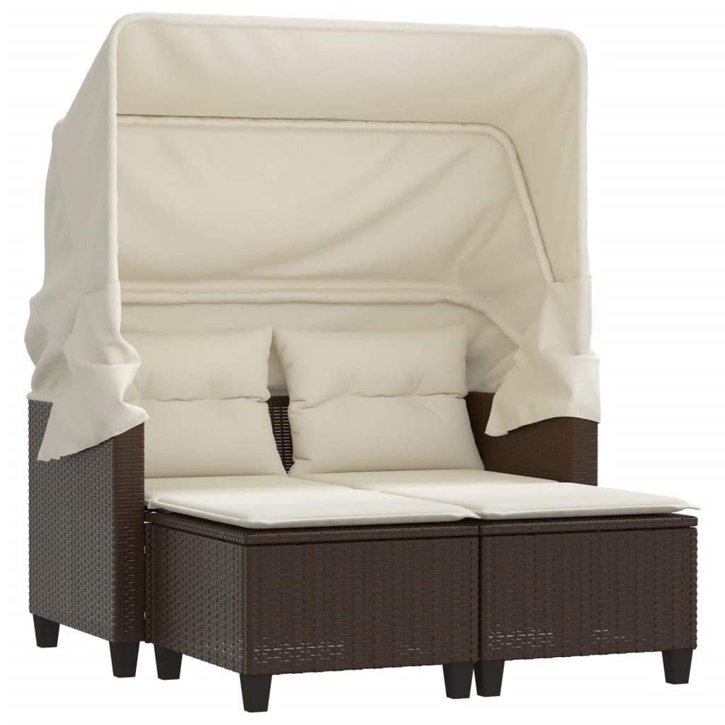 2-Personen-Gartensofa mit Baldachin und Hockern aus Polyrattan in Braun