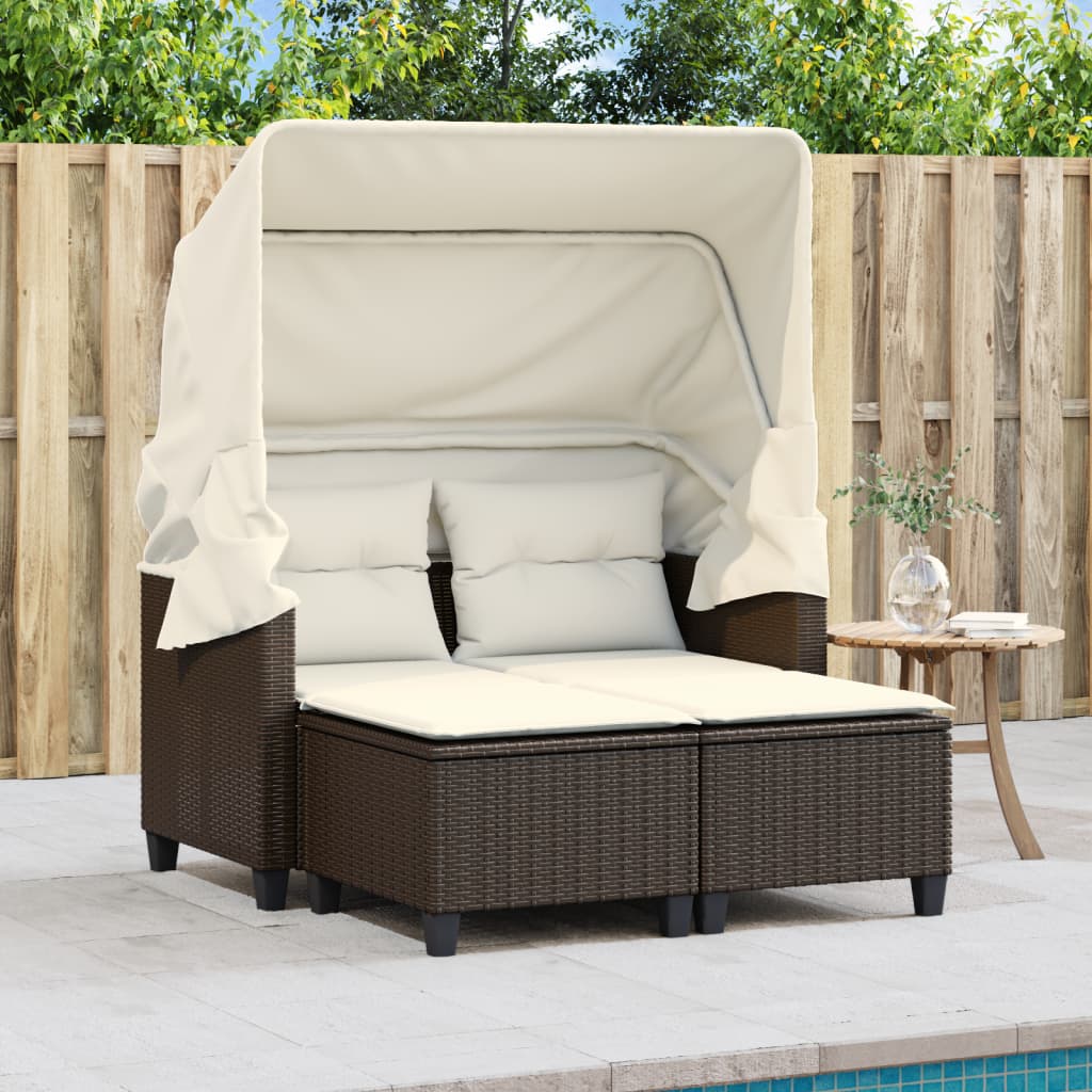 2-Personen-Gartensofa mit Baldachin und Hockern aus Polyrattan in Braun