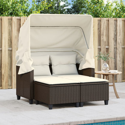 2-Personen-Gartensofa mit Baldachin und Hockern aus Polyrattan in Braun