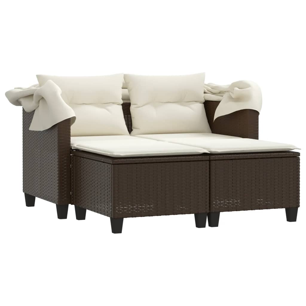 2-Personen-Gartensofa mit Baldachin und Hockern aus Polyrattan in Braun