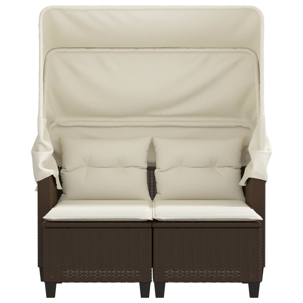 2-Personen-Gartensofa mit Baldachin und Hockern aus Polyrattan in Braun