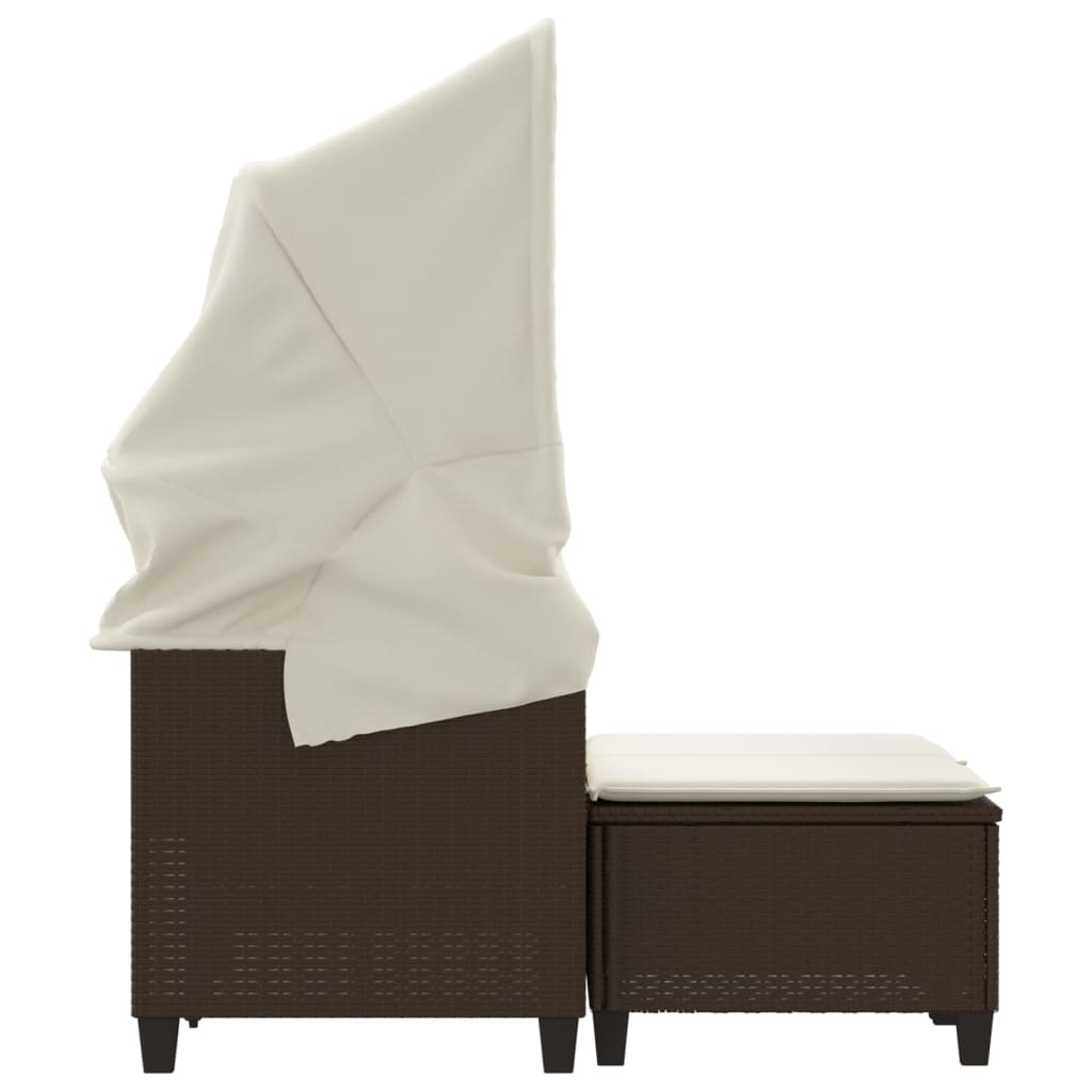 2-Personen-Gartensofa mit Baldachin und Hockern aus Polyrattan in Braun