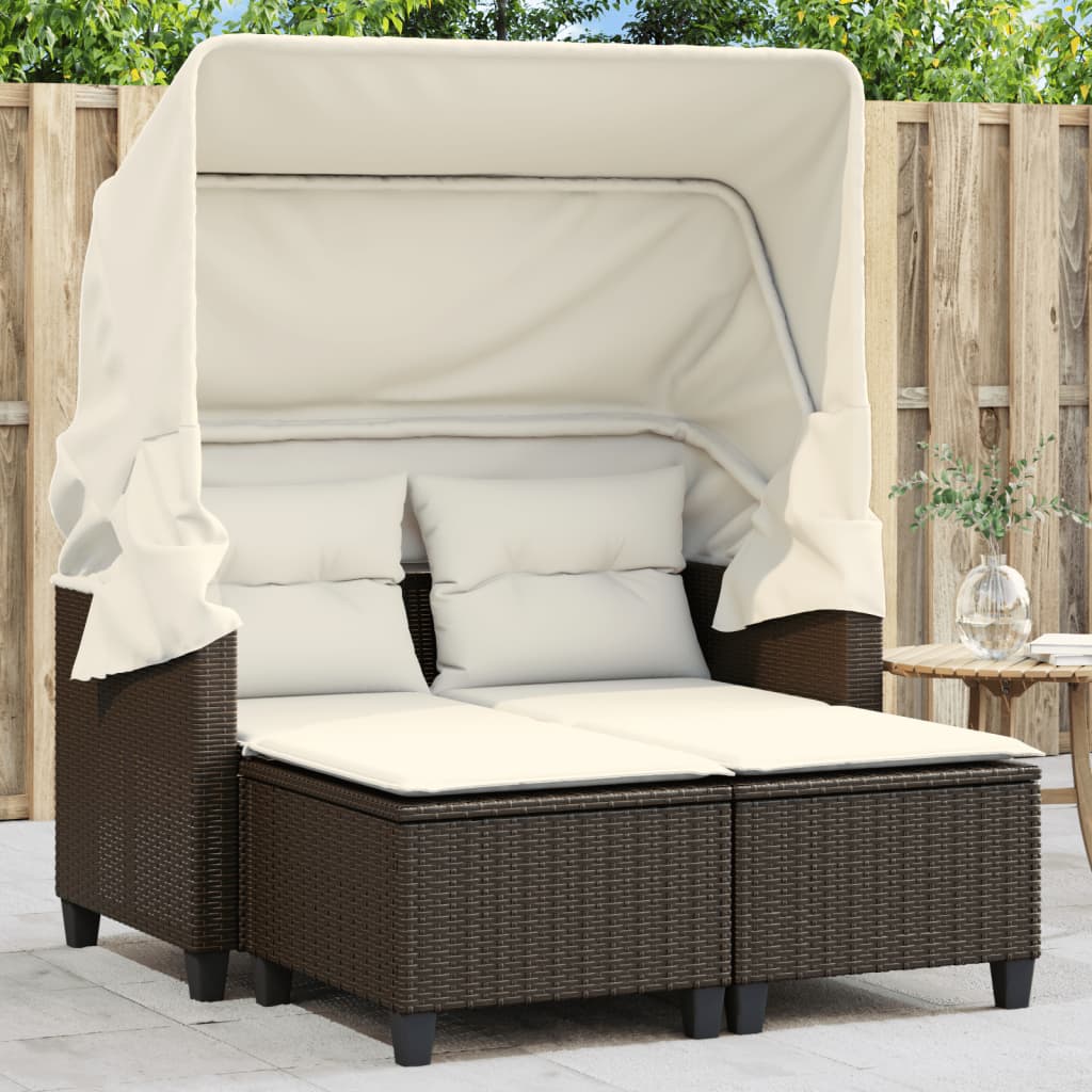 2-Personen-Gartensofa mit Baldachin und Hockern aus Polyrattan in Braun
