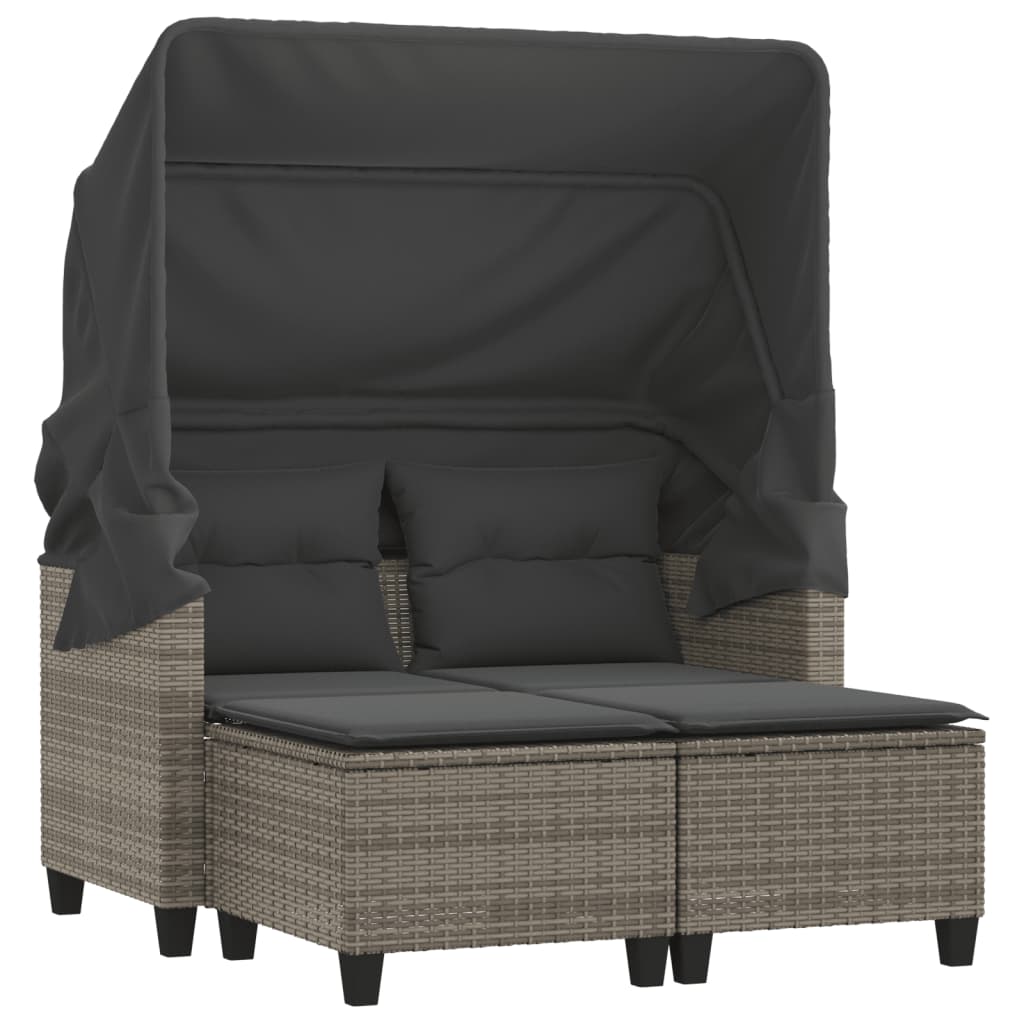 2-Personen-Gartensofa mit Baldachin und Hockern aus Polyrattan in Grau
