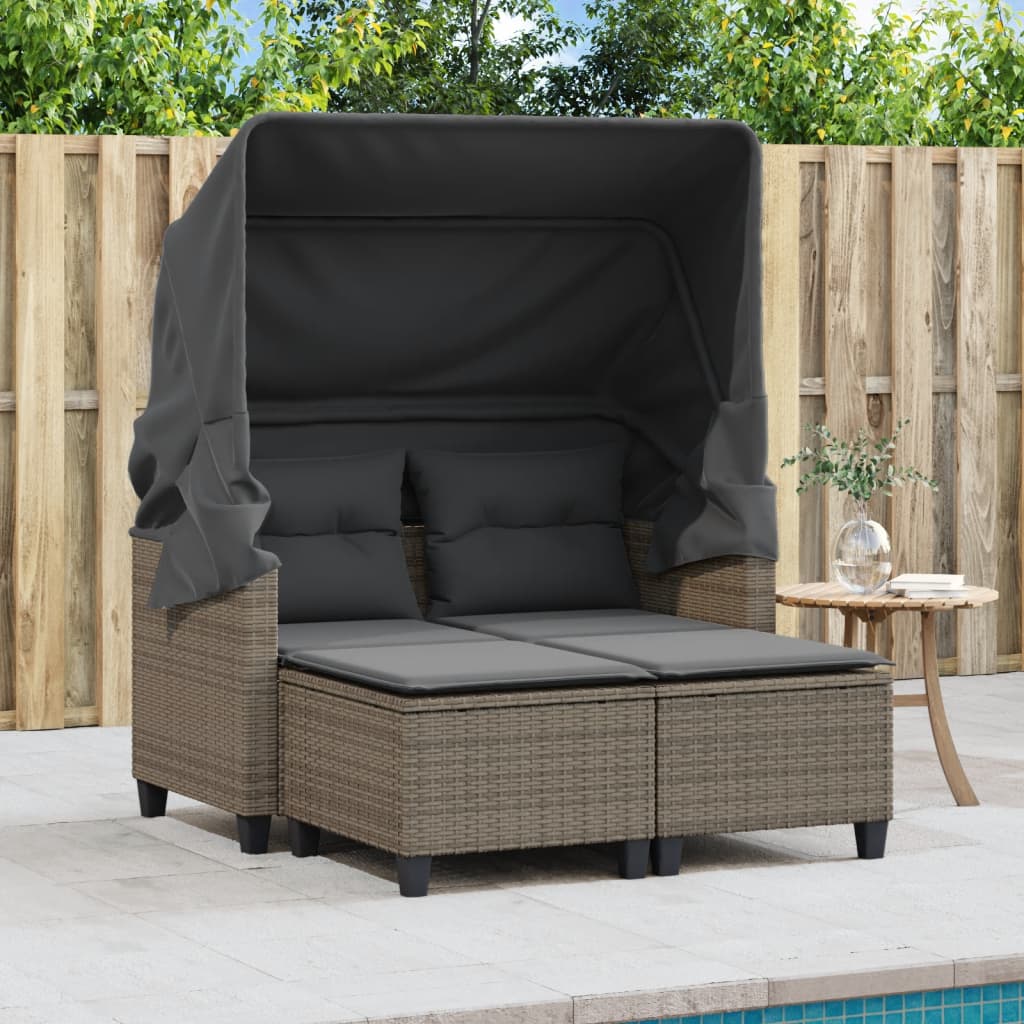 2-Personen-Gartensofa mit Baldachin und Hockern aus Polyrattan in Grau