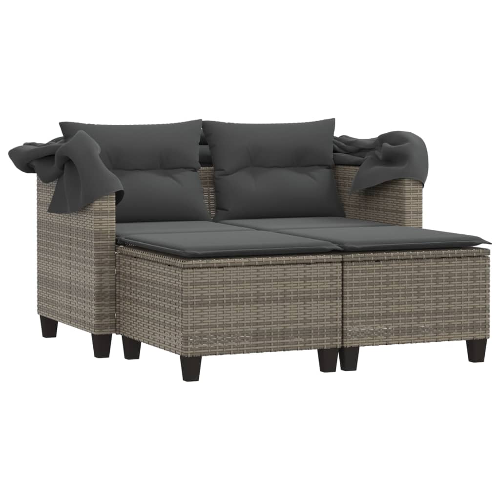 2-Personen-Gartensofa mit Baldachin und Hockern aus Polyrattan in Grau