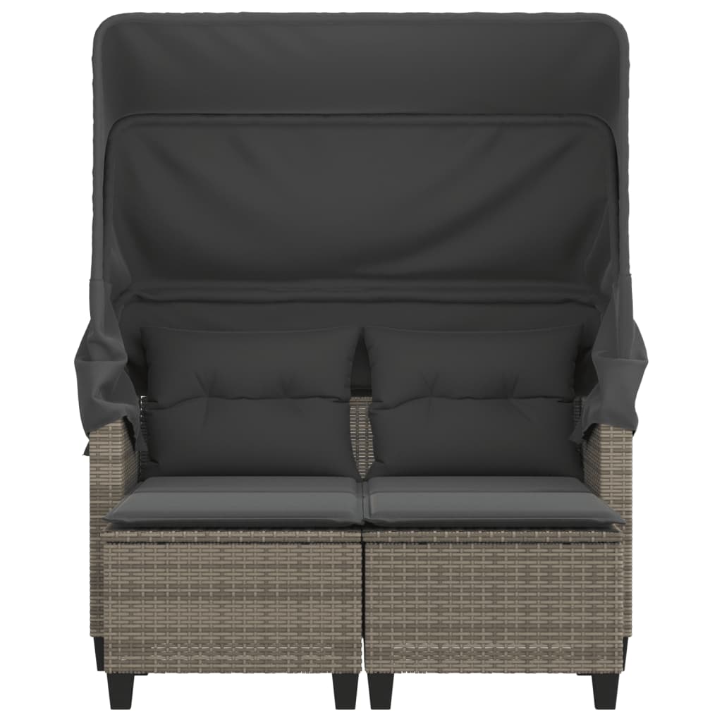 2-Personen-Gartensofa mit Baldachin und Hockern aus Polyrattan in Grau