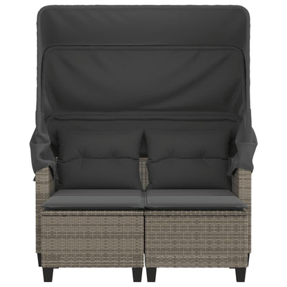 2-Personen-Gartensofa mit Baldachin und Hockern aus Polyrattan in Grau