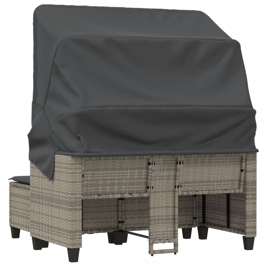 2-Personen-Gartensofa mit Baldachin und Hockern aus Polyrattan in Grau