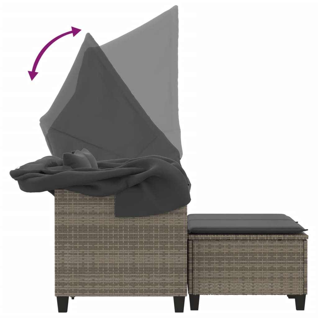 2-Personen-Gartensofa mit Baldachin und Hockern aus Polyrattan in Grau