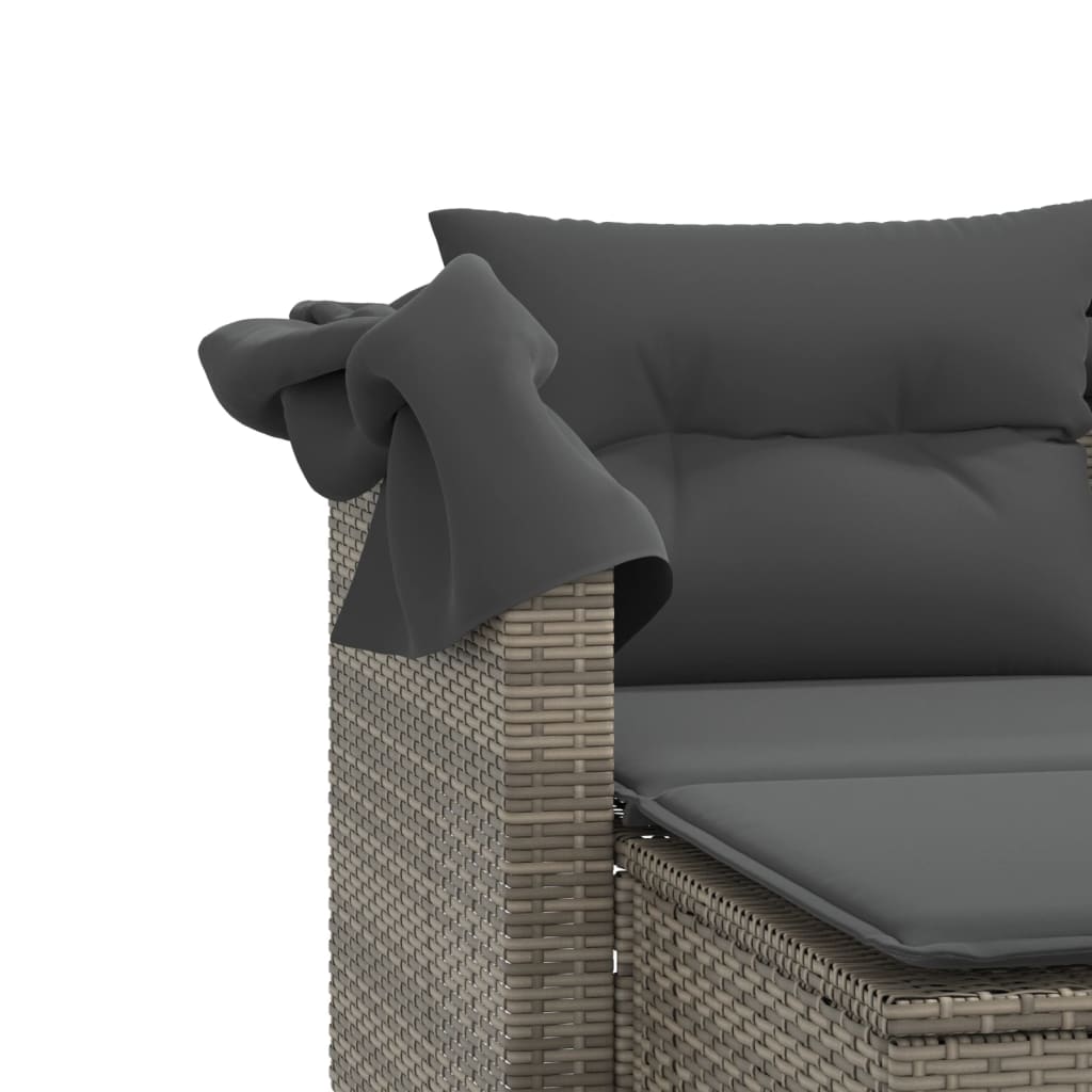 2-Personen-Gartensofa mit Baldachin und Hockern aus Polyrattan in Grau