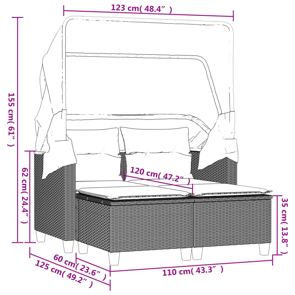 2-Personen-Gartensofa mit Baldachin und Hockern aus Polyrattan in Grau