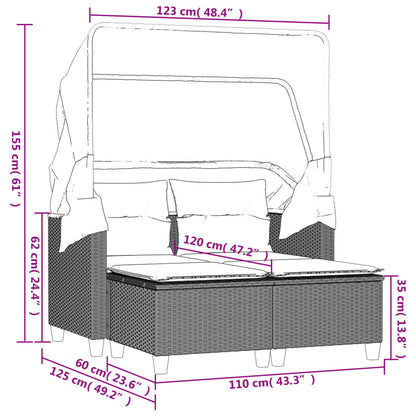 2-Personen-Gartensofa mit Baldachin und Hockern aus Polyrattan in Grau