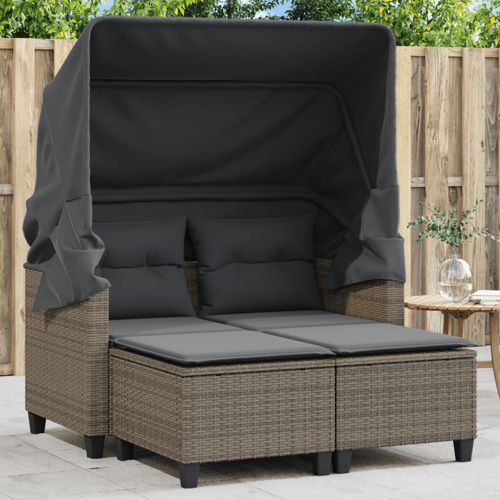 2-Personen-Gartensofa mit Baldachin und Hockern aus Polyrattan in Grau