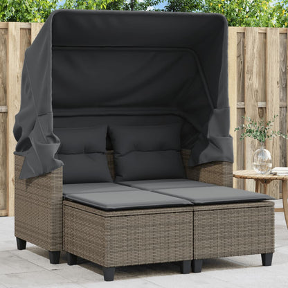 2-Personen-Gartensofa mit Baldachin und Hockern aus Polyrattan in Grau